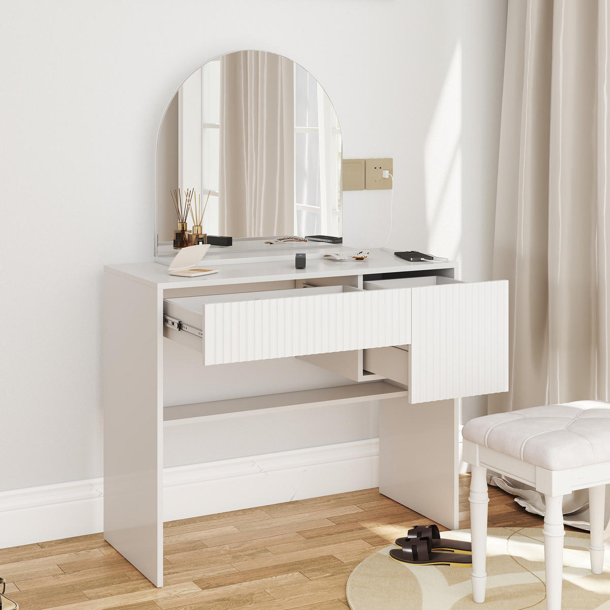 SCHMINKTISCH mit Spiegel , weiß,-H135/B90/T40cm - Weiß, Holzwerkstoff (40/135/90cm) - Vallsero