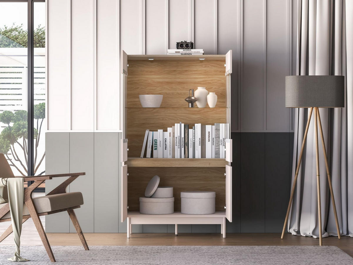 VITRINE Dunea 4-türig Kaschmirgrau/Eichenoptik 92 cm - Taupe, Holzwerkstoff/Metall (92/156/40cm) - Selsey