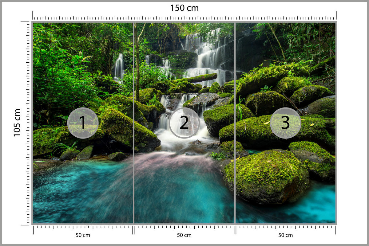 FOTOTAPETE für Küche Wasserfall Dschungel Bäume Steine Tropisch 150x105 - Türkis/Blau, Papier (150/105cm) - Muralo