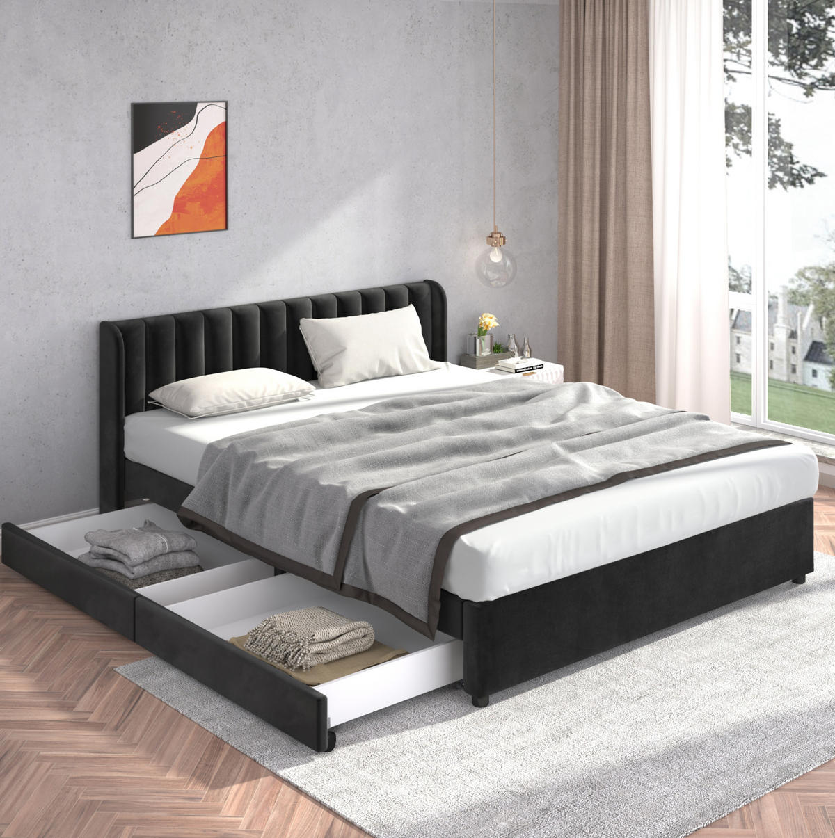 POLSTERBETT 180/200 cm aus Samt mit Lattenrost, hohem Kopfteil und 2 Schubladen, Schwarz - Schwarz, Textil (180/200cm) - Redom