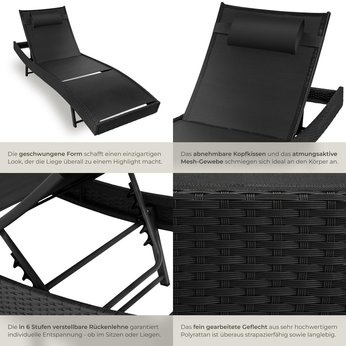 RATTAN-SONNENLIEGE Moana, 69 x 211 x 41 - 94 cm, schwarz - Schwarz, Kunststoff (69/94/211cm) - tectake