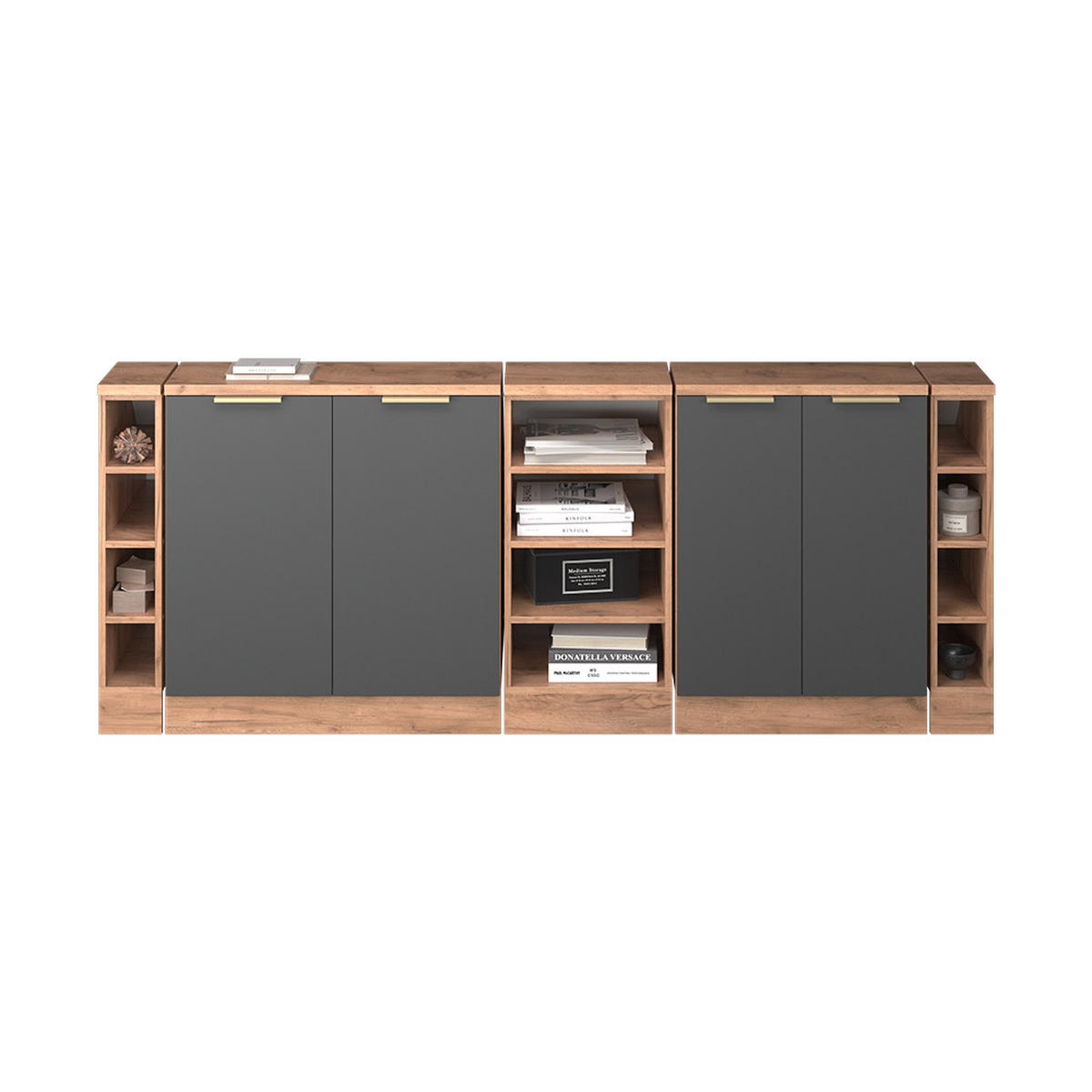KUCHYNSKÁ SKRIŇA PRE ŠIKMÉ STRECHY R-Line Antracitové zlato 210 cm Súprava 5 korpusov skrine hĺbka 60 cm - dub medový/antracitová, kompozitné drevo (210/83.8/60cm) - Vicco