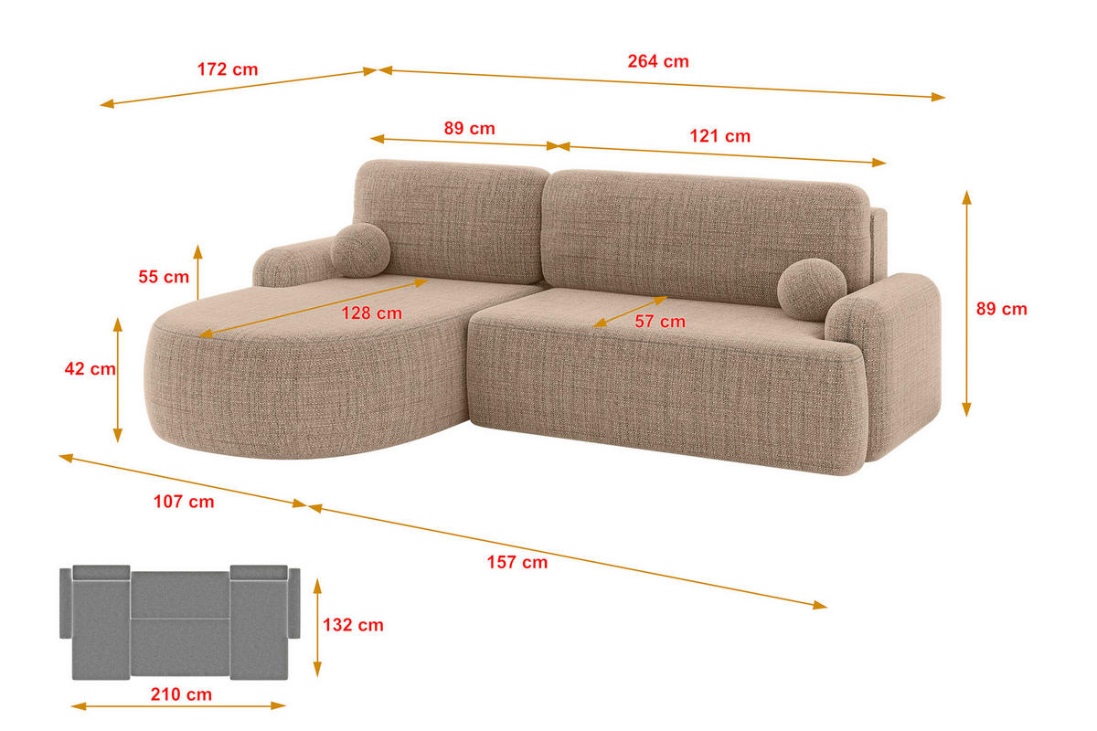 ECKSOFA mit Schlaffunktion und Bettkasten LIRA-L - 264x172x89 Dunkelbeige - Sahara, Holzwerkstoff/Textil (264/172cm) - ALTDECOR