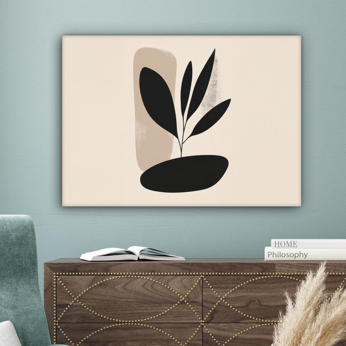 LEINWANDBILD Pflanze - Beige - Japanisch Wandbilder 80x60 cm - Schwarz, Textil (80/60cm) - MuchoWow