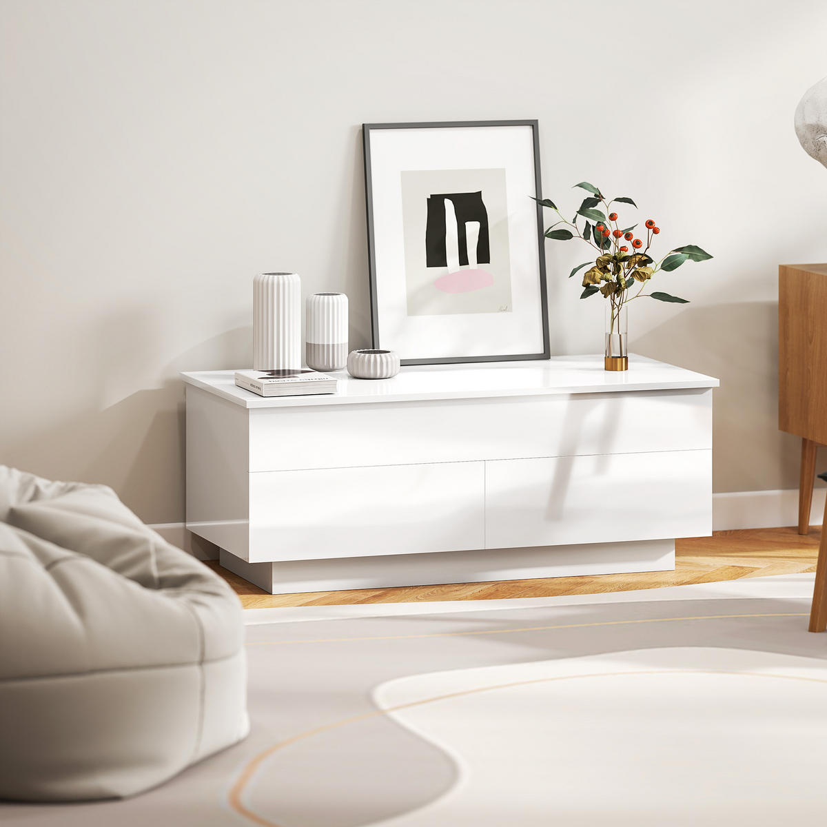 COUCHTISCH Höhenverstellbar, Moderner Wohnzimmertisch mit verstecktem Stauraum und 2 Schubladen, Hochglanz Weiß - Weiß Hochglanz, Holzwerkstoff (48/102/54.5cm)