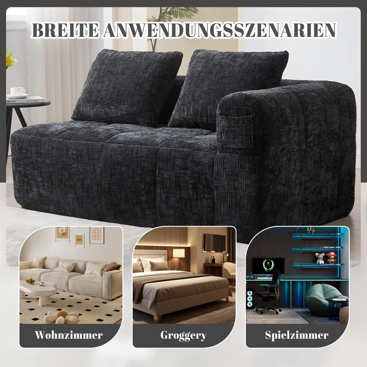 2-SITZER Sofa Chenille mit Chaiselongue und Seitentaschen 158/90/60 cm Schwarz - Schwarz, Textil (60/158/90cm) - Redom