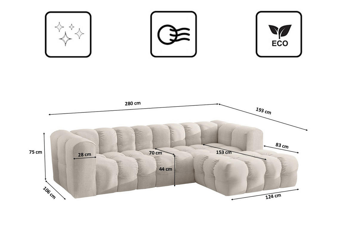 ECKSOFA L-form BALOO L, Chenille-Stoff Moly, Ecru, Rechts - Ecru, Holz (280/193cm) - Kaiser Möbel