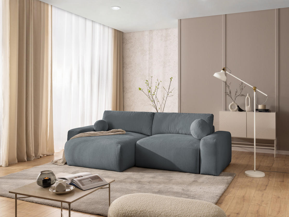 ECKSOFA Puffy mit Schlaffunktion und Bettkasten - besonders weich und puffig aus Dunkelgrau Webstoff - Ottomane links - Dunkelgrau/Schwarz, Holz/Kunststoff (138/266cm) - S-Style Möbel