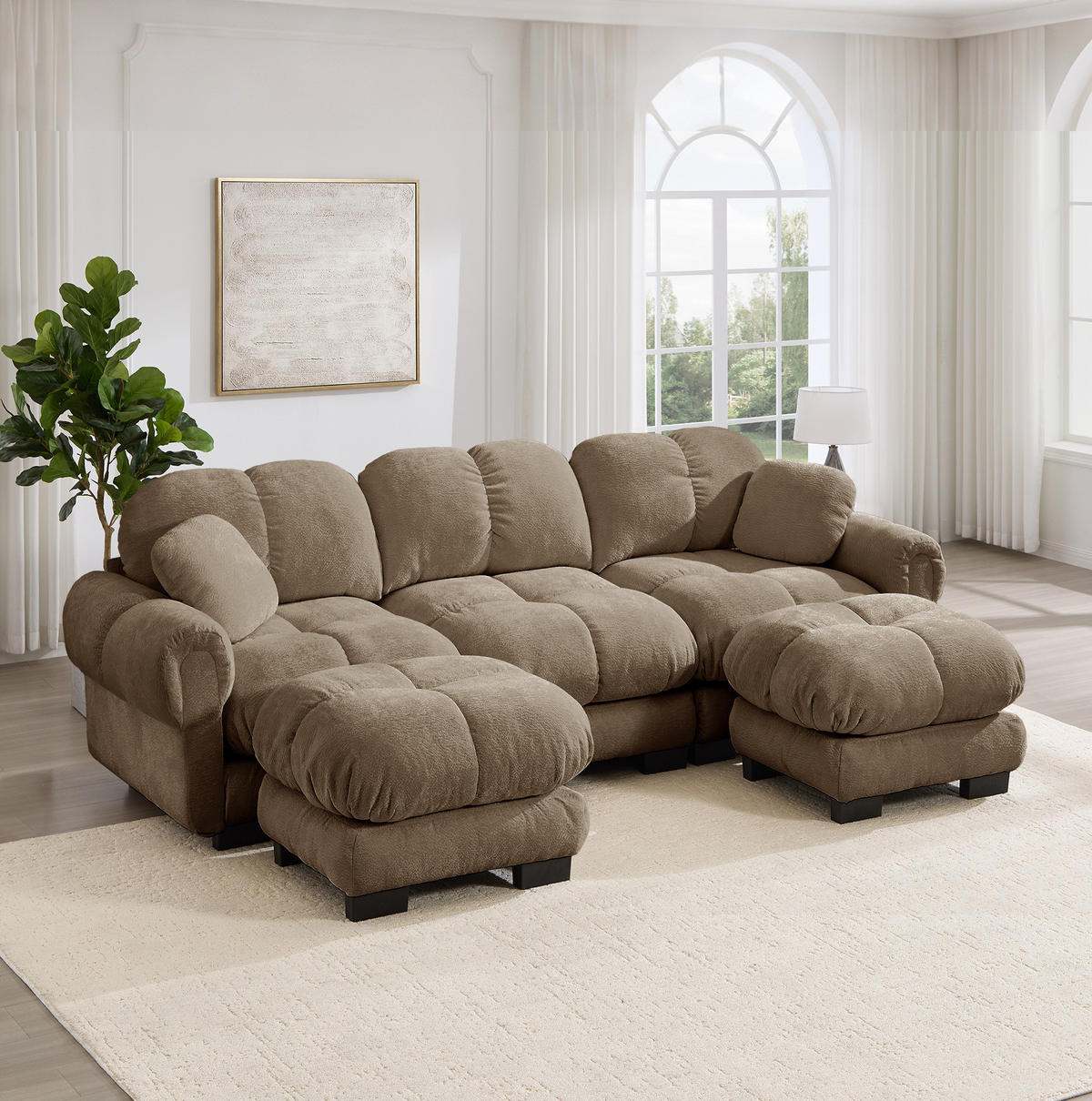 SOFA U-Form 3-Sitzer Chenille Braun mit beweglichem Hocker - Braun, Holz (149/90/260.1cm) - Meubliv