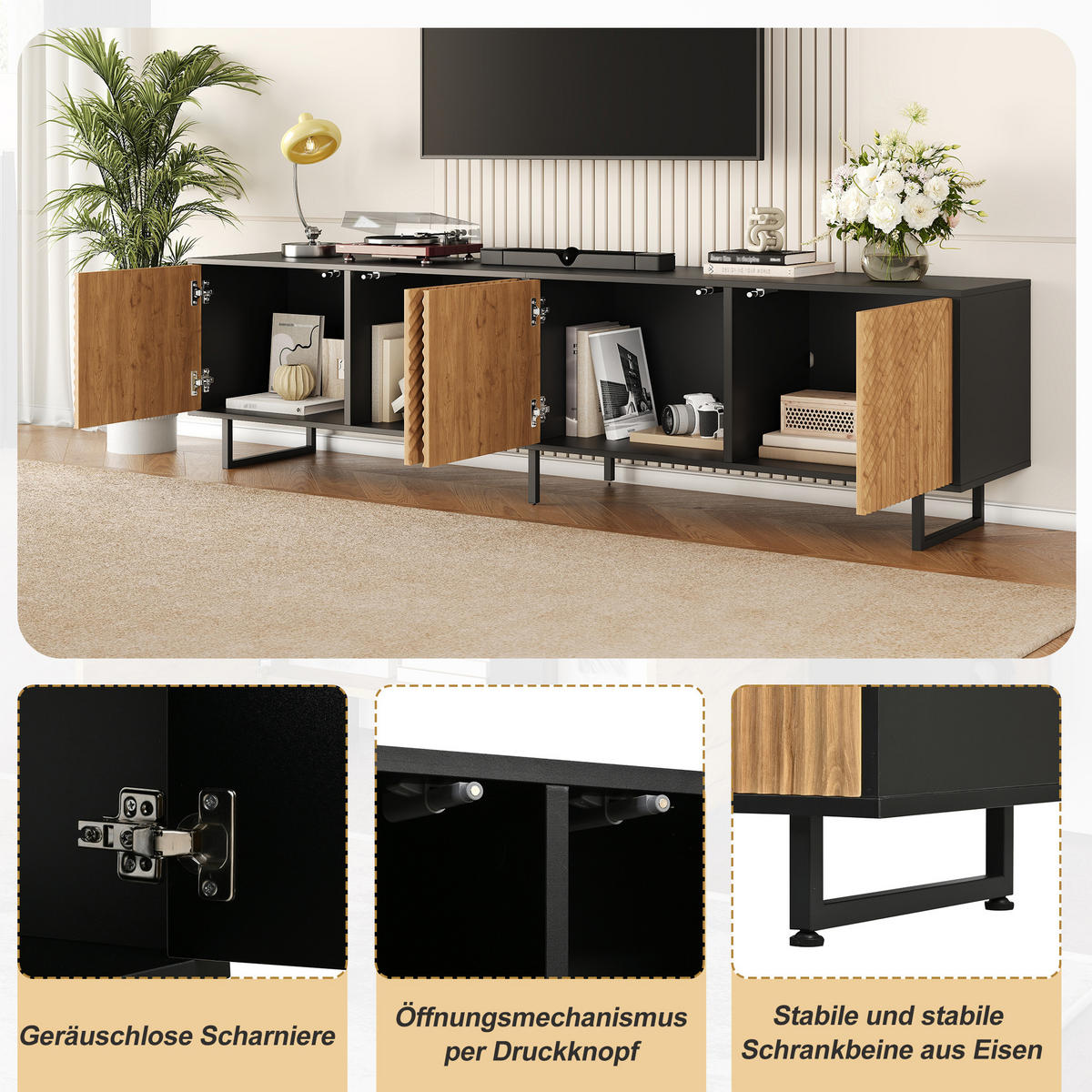 TV STOLEK přírodní barva se 4 dvířky, vakuově tvarovaný design, pro TV do 80", 180 × 40 × 50 cm - přírodní/černá, kov/sklo (180/50/40cm) - STILVORA