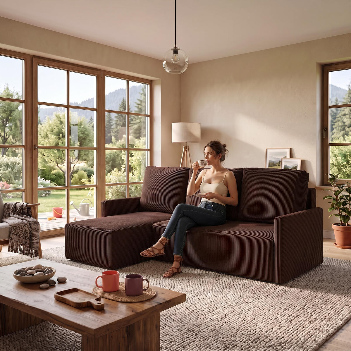 ECKSOFA GARDA L universell links/rechts montierbar mit Schlaffunktion 132x198 cm Cord Dunkelbraun - Dunkelbraun/Schwarz, Holz/Kunststoff (209/145cm) - NACANAPA