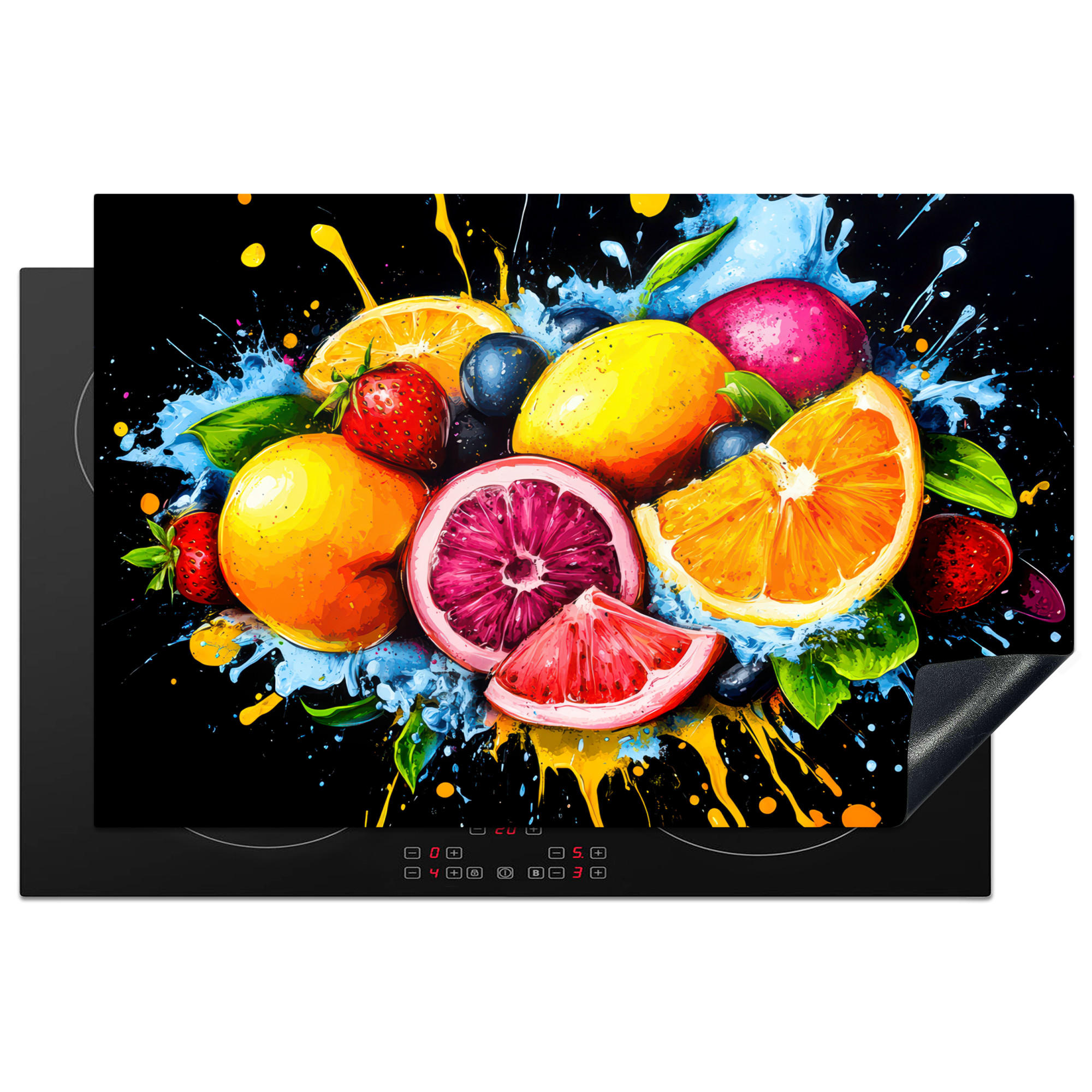 HERDABDECKPLATTE Obst - Graffiti - Bunt - Orange - Erdbeere - Abstrakt 81x52 cm - Orange, Kunststoff (81/0.2/52cm) - MuchoWow