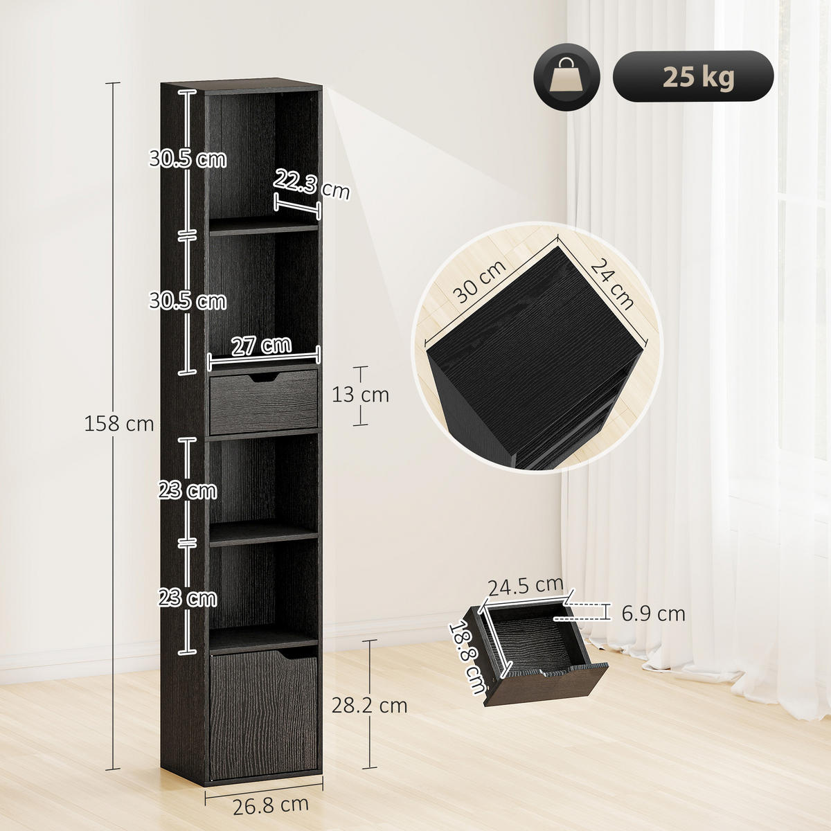 BÜCHERREGAL,4 Ablagen Schrank Schublade 30x24x158cm,schwarz - Schwarz, Holzwerkstoff (30/158/24cm) - Vallsero