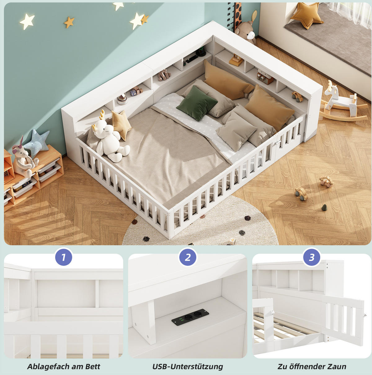 KINDERBETT Tagesbett 140/190 cm aus Spanplatte und MDF mit USB, Steckdose und Stauraum Weiß - Weiß, Holzwerkstoff (140/190cm) - Modenvie