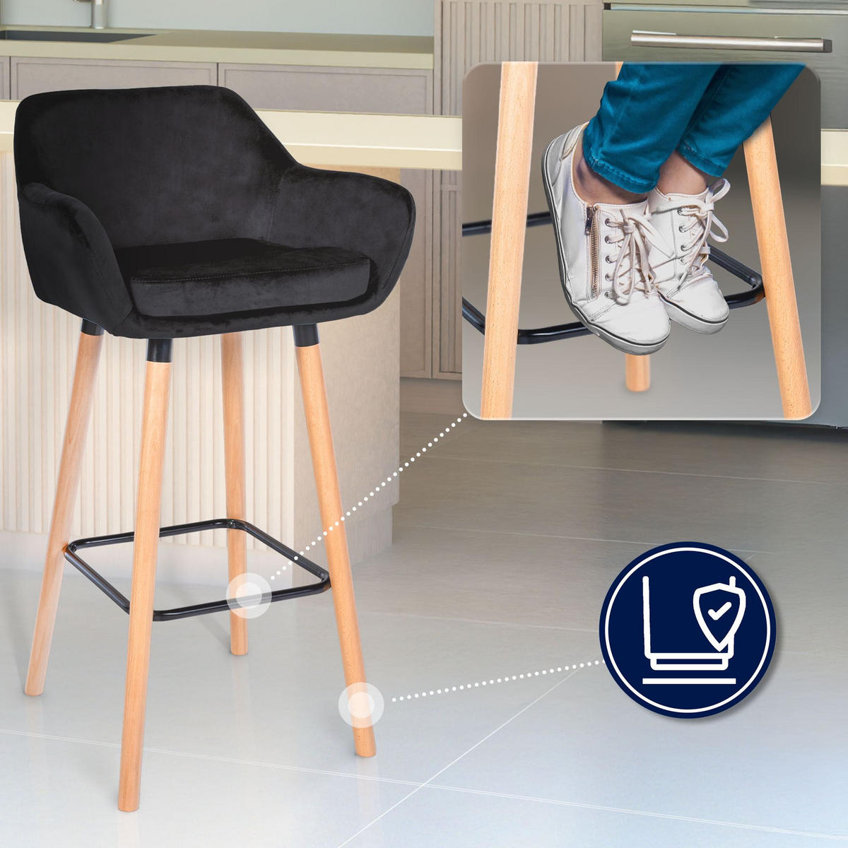 BARHOCKER 2er Set Samt Schwarz - Eukalyptusholzfarben/Schwarz, Holz/Textil (51/101/50cm) - CLP