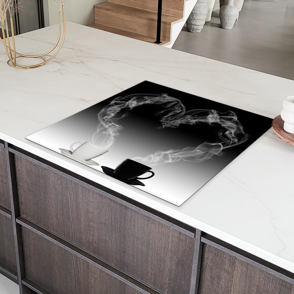 HERDABDECKPLATTE Kaffee - Herz - Schwarz und weiß - Tassen Induktionsmatte 78x78 cm - Weiß, Kunststoff (78/78/0.2cm) - MuchoWow