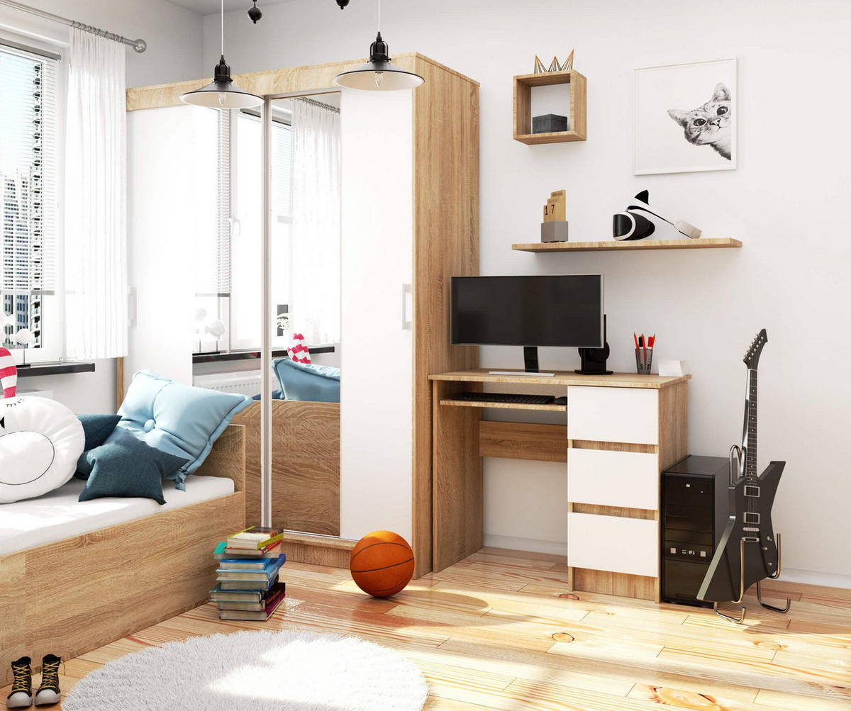 SCHREIBTISCH Rechts 3 Schubladen, Sonoma-Weiß, 90x50x77 cm - Weiß/Sonoma Eiche, Holz (50/90/77cm) - Milordbikes