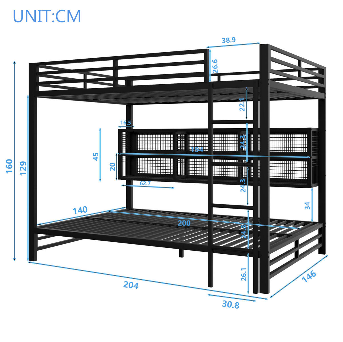 ETAGENBETT aus Metall 140x200 cm Schwarz mit 6 Stauraumschränken, Schutzgittern und LED-Beleuchtung - Schwarz, Metall (140/200cm) - Modfu