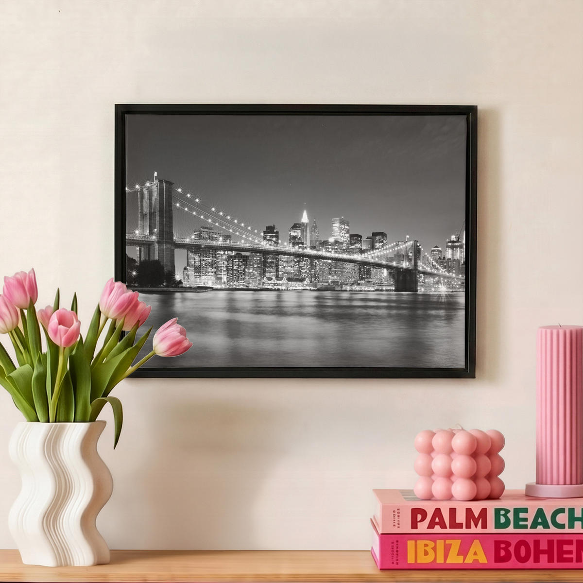 LEINWAND Bilder mit Rahmen - New York - Brücke - Brooklyn - Schwarz und weiß - Architektur - 40x30 - Schwarz, Textil (40/30cm) - MuchoWow