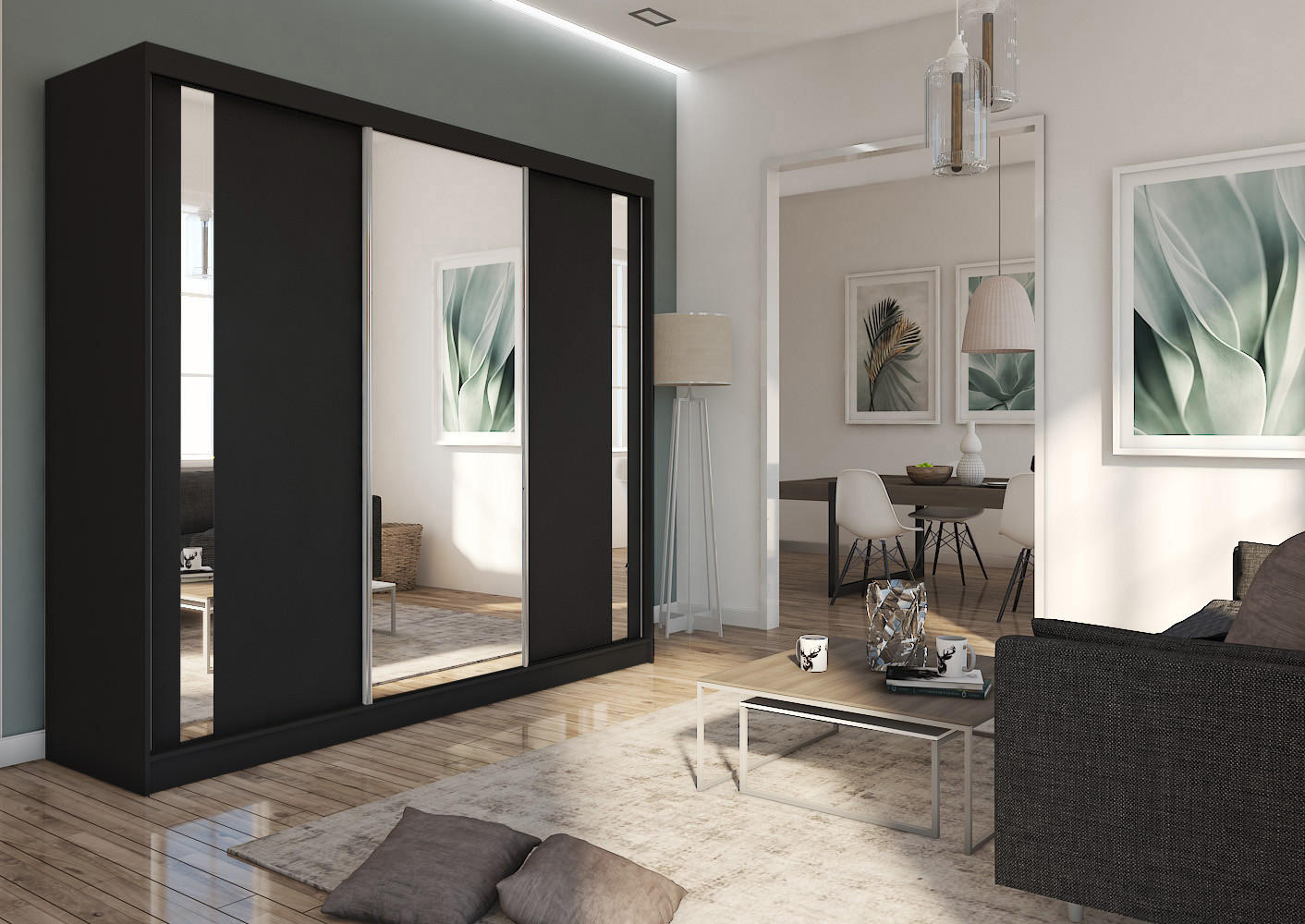 SCHWEBETÜRENSCHRANK GRAZIA 240/216/61 cm 3-türig mit Spiegel Schwarz - Schwarz, Holzwerkstoff (240/216/61cm) - MASSENO