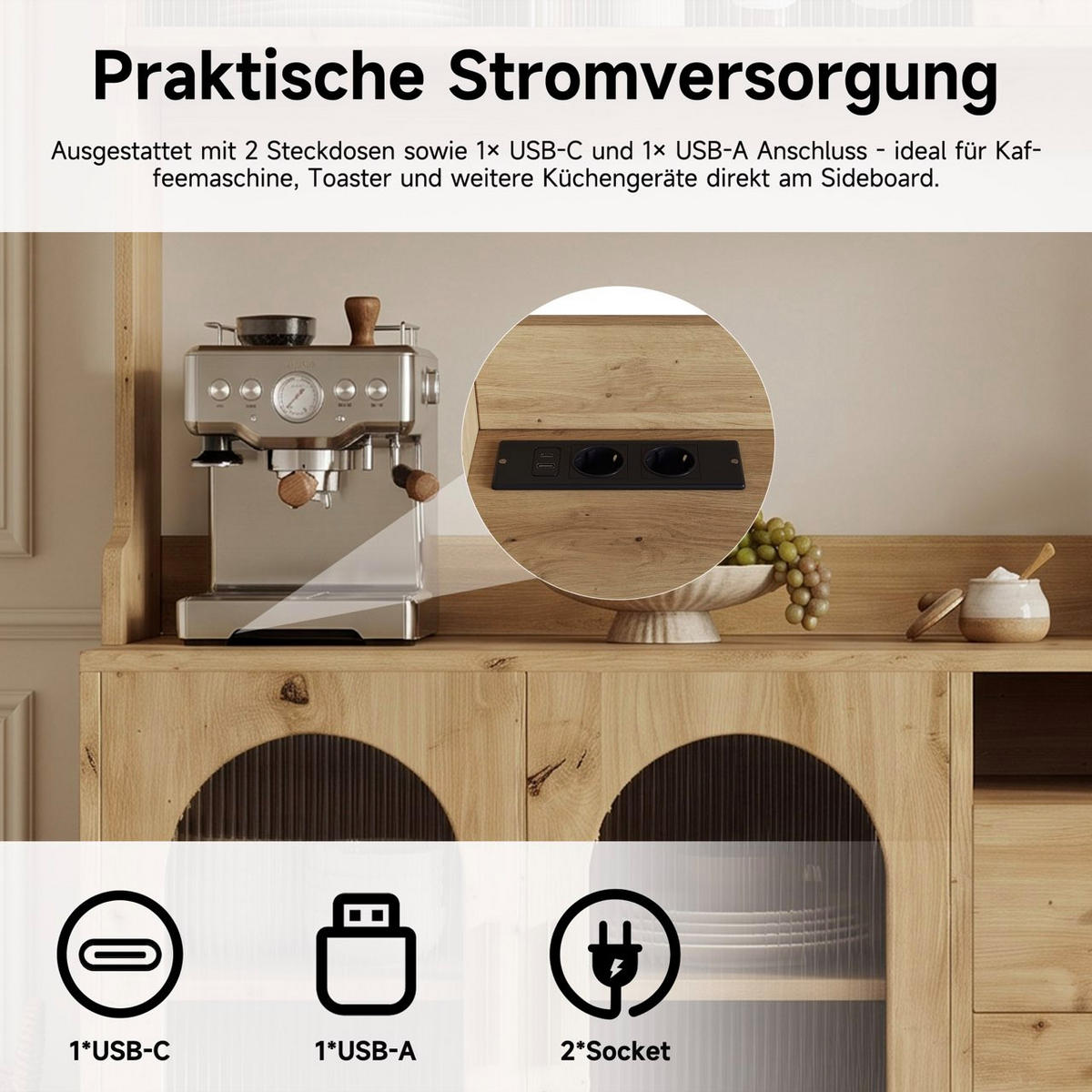 BUFFETSCHRANK 120x40x178 cm, 2 Steckdosen, USB-A/USB-C-Anschlüsse, Holzfarbe - Naturfarben, Holzwerkstoff (120/178/40cm) - FOHERE