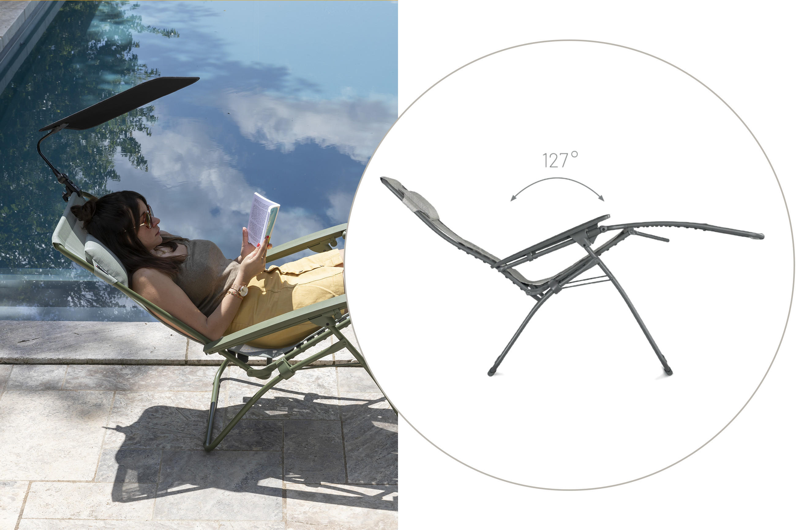 Relaxsessel von LAFUMA Mobilier, Frau mit Sonnebrille auf Sonneliege in grau, Zero Gravity Gartensessel von LAFUMA