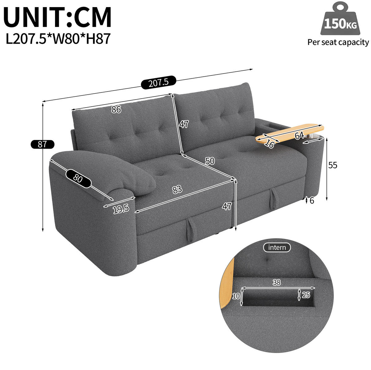 SOFA modular mit Stauraum 207,5 x 80 x 87 cm Teddy Grau 2-Sitzer - Grau, Textil (207.5/87/80cm) - IVMEU