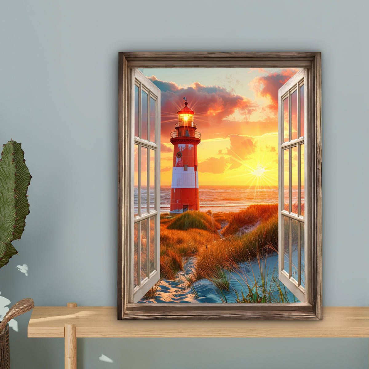 LEINWANDBILD Aussicht - Fenster - Leuchtturm - Sonnenuntergang - Strand 30x40 cm - Dunkelorange, Textil (30/40cm) - MuchoWow