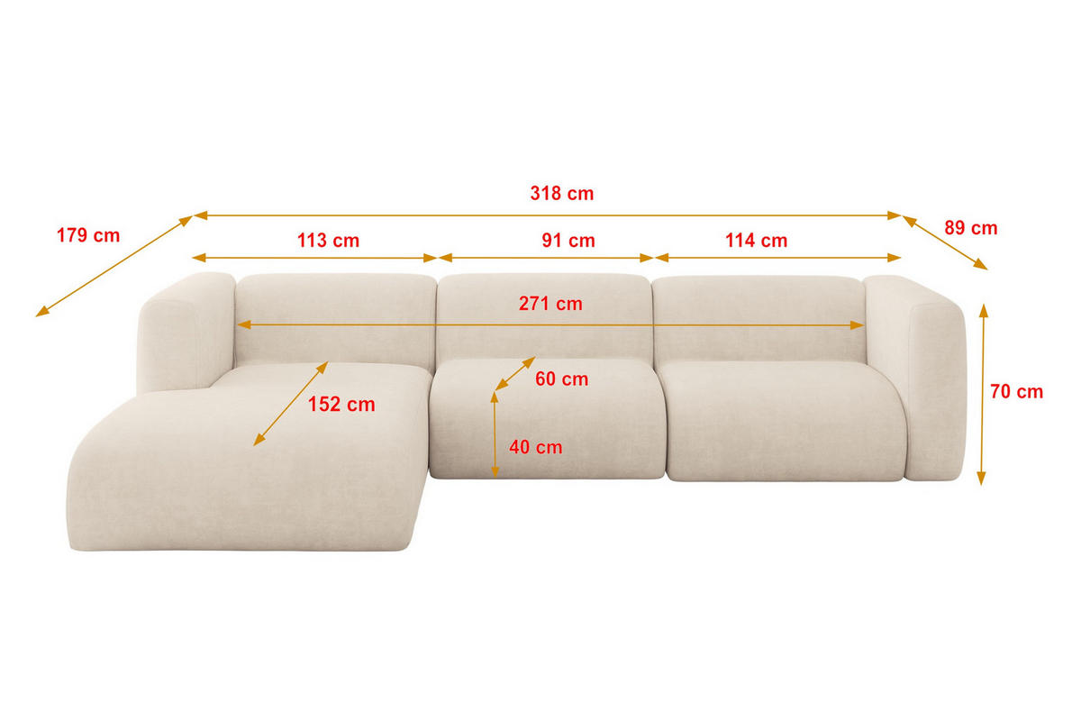 ECKSOFA Ottomane Links MIRA-L2 318x179x89 Beige Velours - Greige/Beige, Holzwerkstoff/Kunststoff (318/179cm) - ALTDECOR