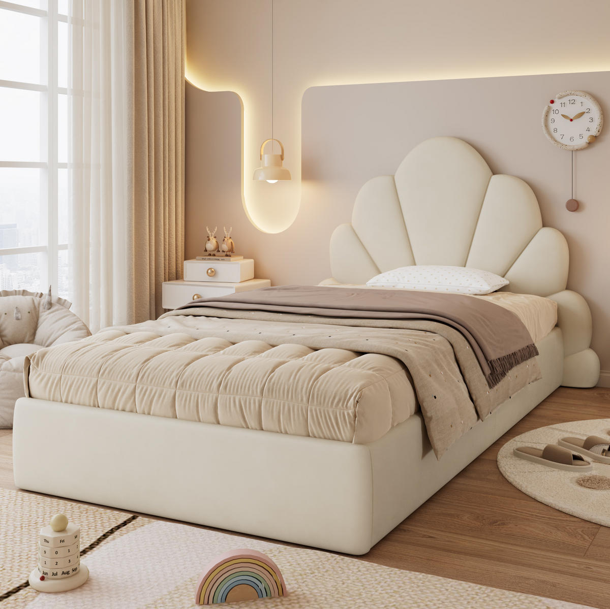 ČALÚNENÁ posteľ zo zamatu 90x200 cm béžová s kvetinovým čelom, protišmykovou spodnou úpravou a stabilnou konštrukciou - béžová, textil (90/200cm) - Modfu