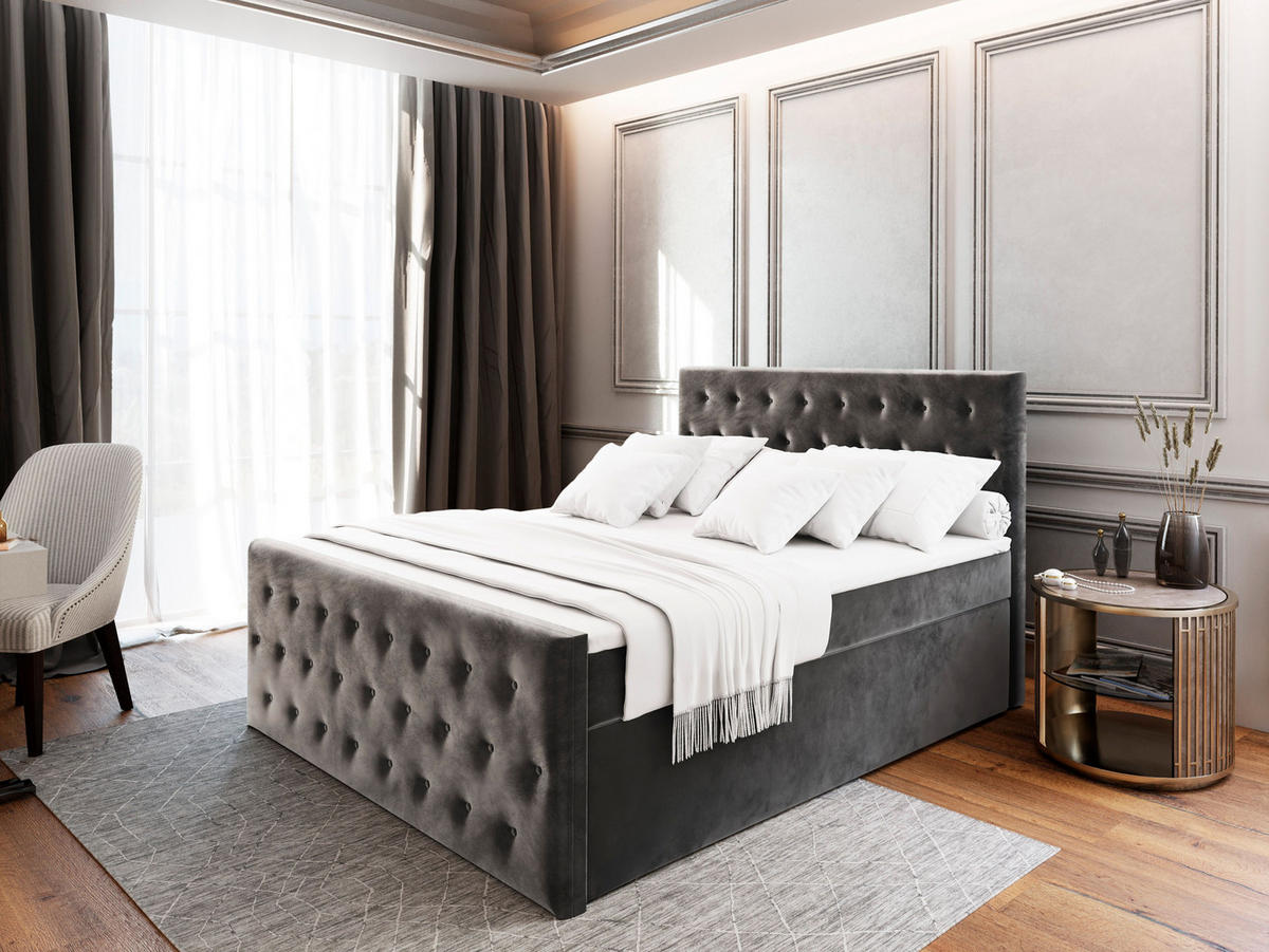 BOXBETT FONDI 180x200 cm mit Matratze und Topper - Grau - Grau, Holz (180/200cm) - MASSENO