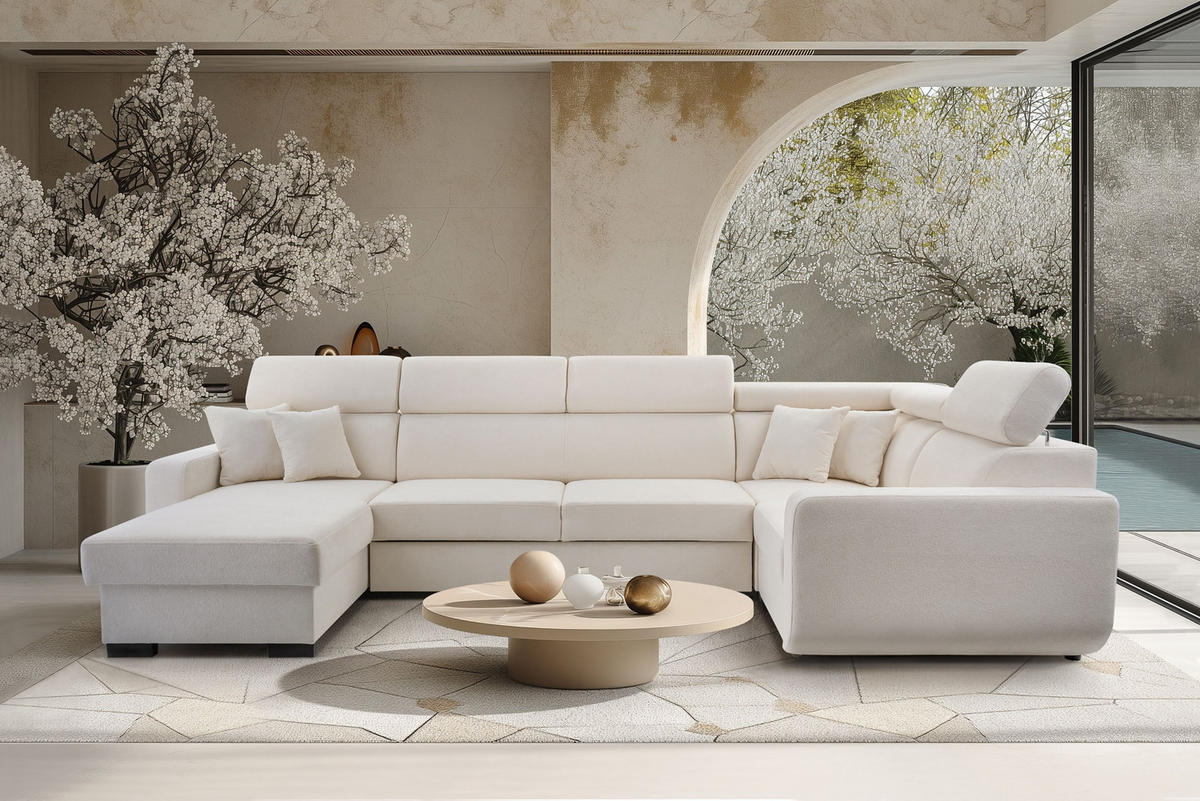 WOHNLANDSCHAFT CASTELLO Beige Plüsch-Stoff mit Schlaffunktion - Beige, Holz (337/97/184cm) - MASSENO