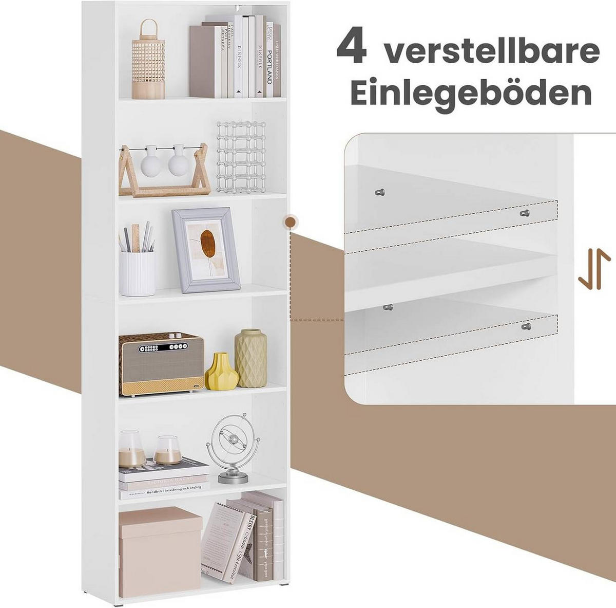 REGALE Bücherregal mit 6 verstellbaren Ebenen, Weiß - Weiß, Holzwerkstoff (60/180/23.5cm) - Woltu