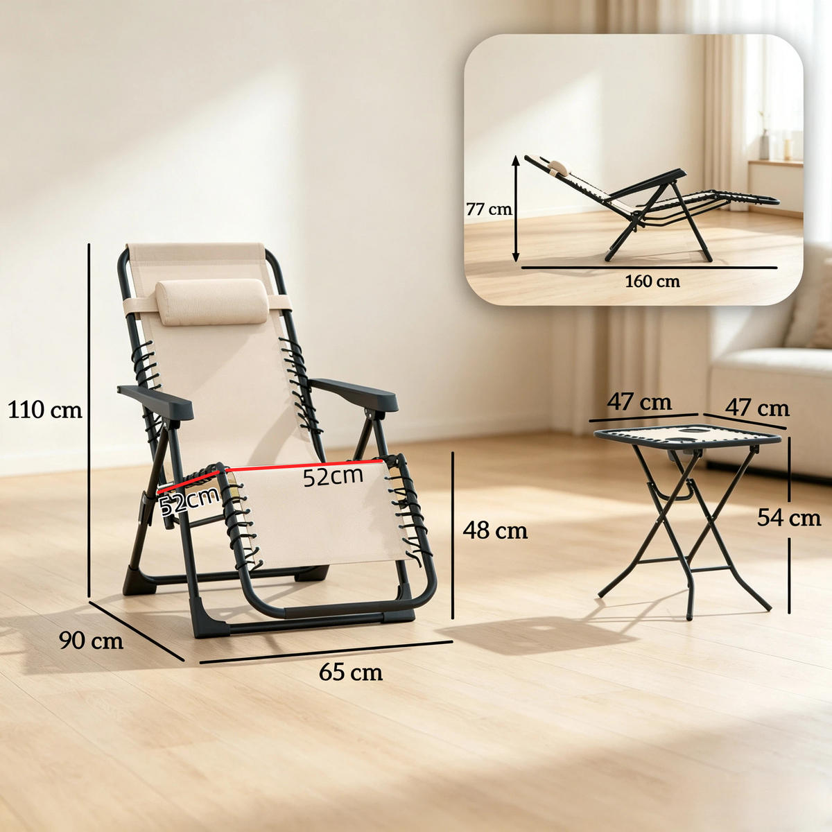 GARTENMÖBEL,2 Liegestühle+1 Tisch - Beige, Metall - Vallsero