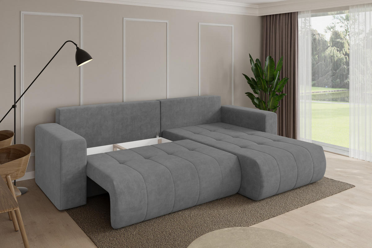 ROHOVÁ SEDAČKA s funkcí spaní, otoman vpravo MILA-L 277x194x86 šedá velur - černá/šedohnědá, kompozitní dřevo/textil (277/194cm) - ALTDECOR