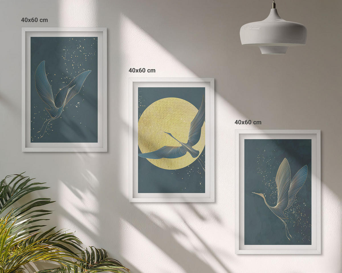WANDBILDER 3er-Set - 40x60 cm Weißer Rahmen - Kraniche im Flug bei Nacht - Weiß, Kunststoff (40/60cm) - ArtPrintCave