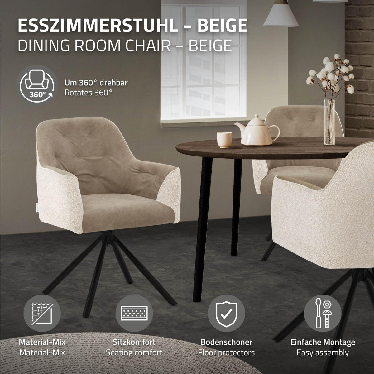 ESSZIMMERSTÜHLE 2er Set drehbar Küchenstühle gepolstert aus Webstoff-Kunstleder Beige - Beige/Schwarz, Textil/Metall (62/87/65cm) - ML-DESIGN