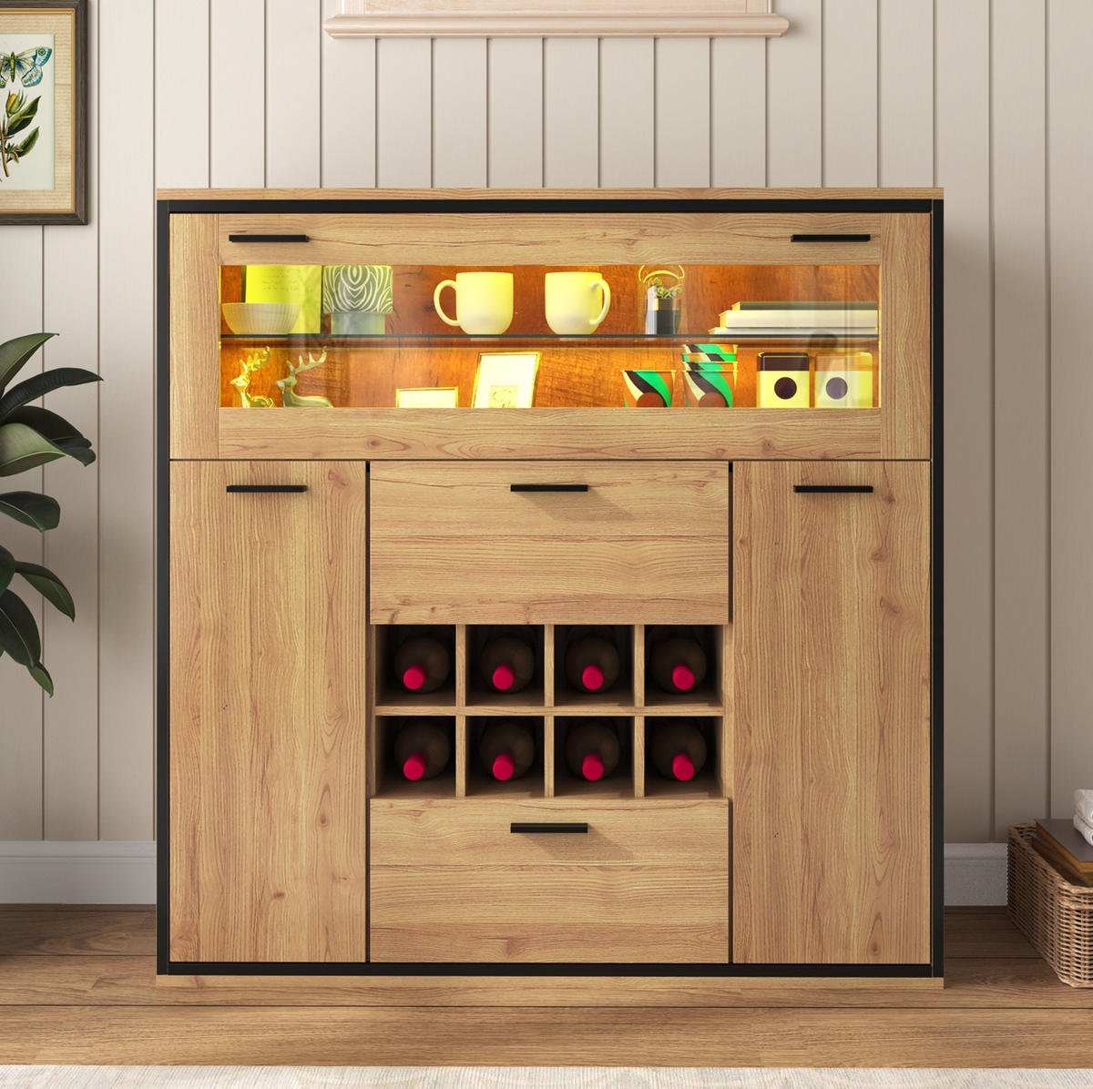 SIDEBOARD aus Spanplatte 110x38x111 cm Natur/Schwarz mit Weinregalen und LED-Beleuchtung - Naturfarben, Holzwerkstoff (110/111/38cm) - IVMEU