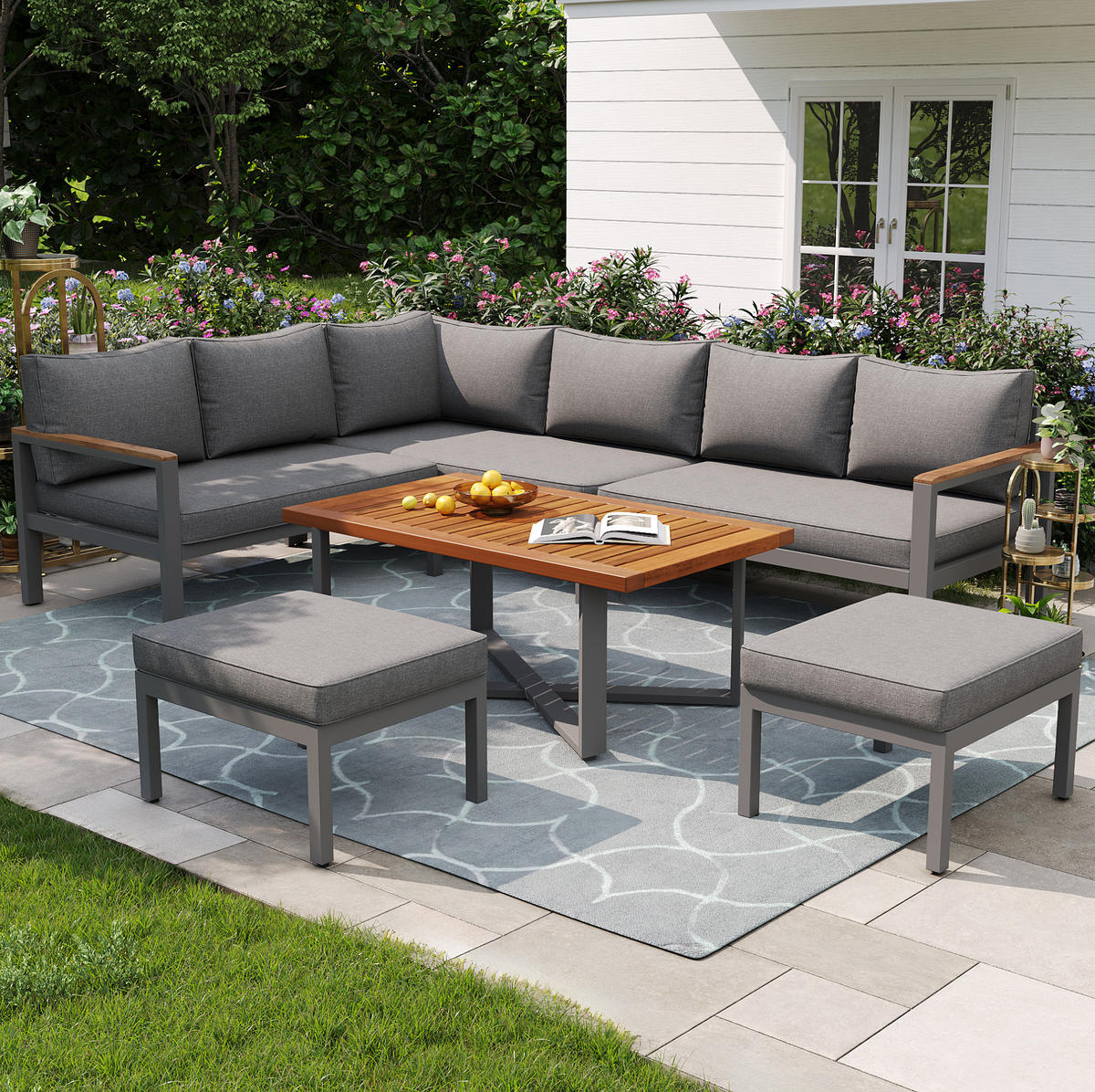 GARTENMÖBEL 100x50cm grau aus Metall und mit Holzplatte - Grau, Metall - Modfu