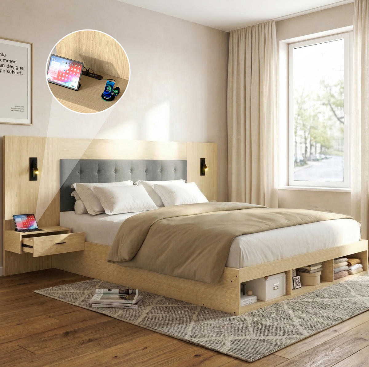 ČALOUNĚNÁ postel 180/200 cm z MDF, světle dubová, se zásuvným úložným prostorem a LED lampou - barva dubu, kompozitní dřevo (180/200cm) - BEAOK