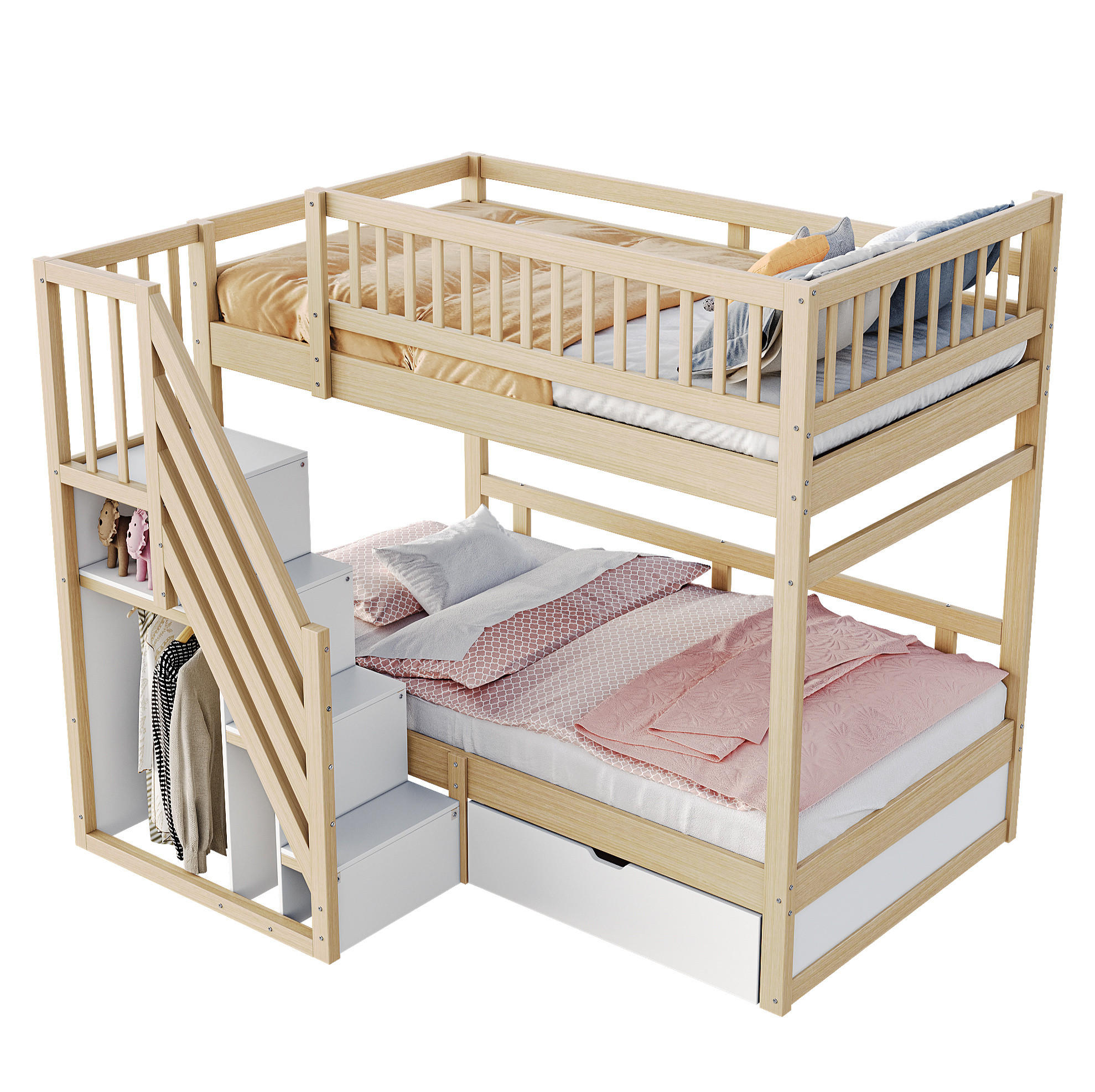 ETAGENBETT 90/200 cm mit Lattenrost, Treppe mit Stauraum und Schubladen, Natur /Weiß - Naturfarben, Holzwerkstoff (90/200cm) - Redom