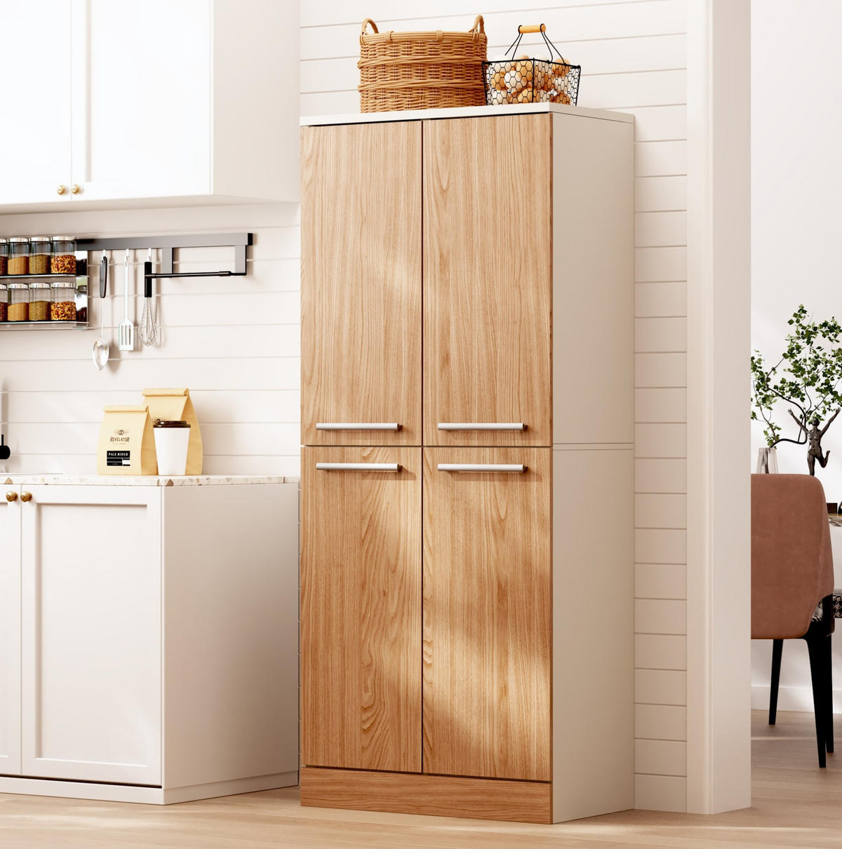 BUFFET 76/42/180 cm Weiß/Natur aus MDF mit 4 Türen - Weiß, Holzwerkstoff (76/180/42cm) - OKWISH
