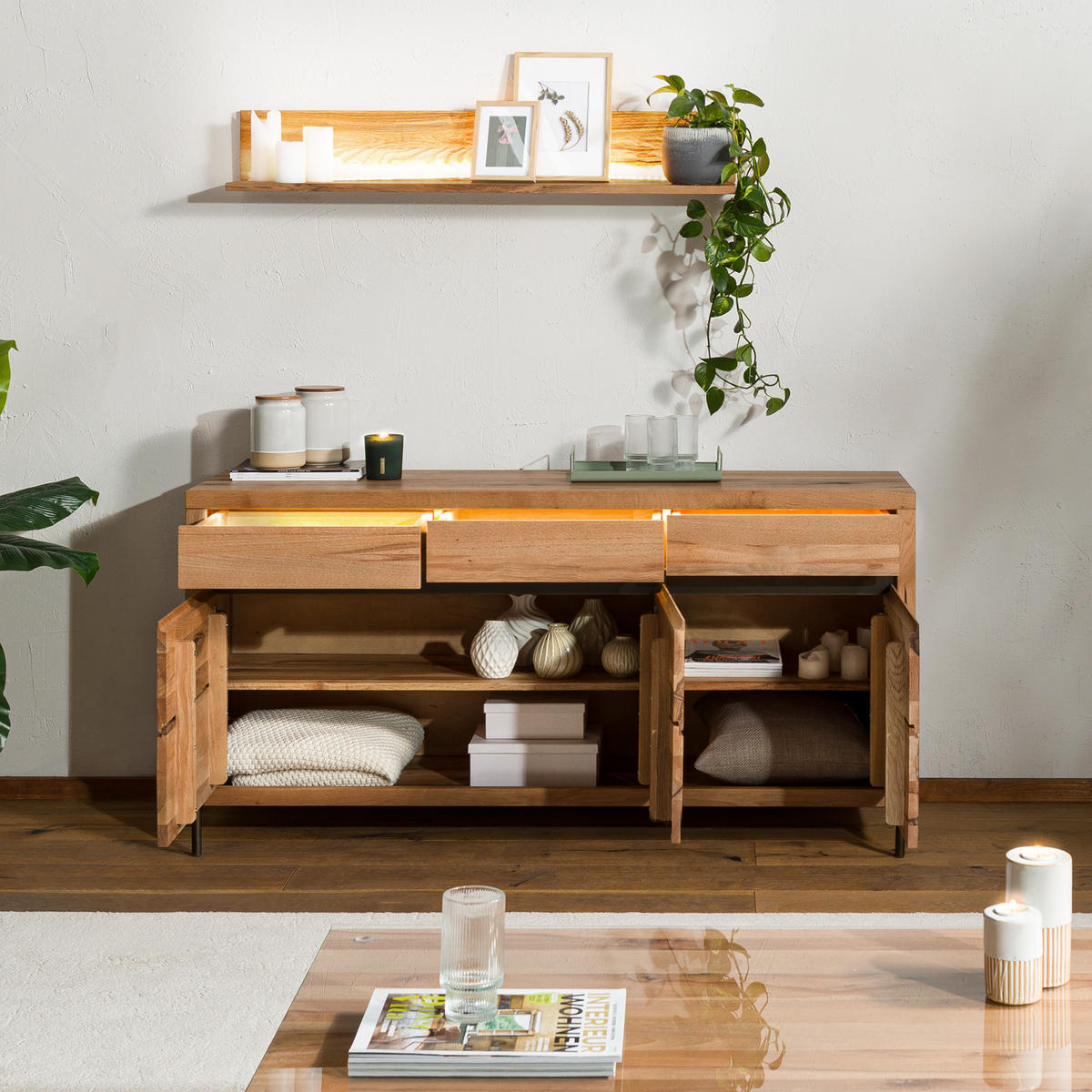 SIDEBOARD Wild-/Zerreiche 155x47x80 natur geölt MONTREUX LUX #100 - Naturfarben, Holz (155/80/47cm) - Massivmoebel24