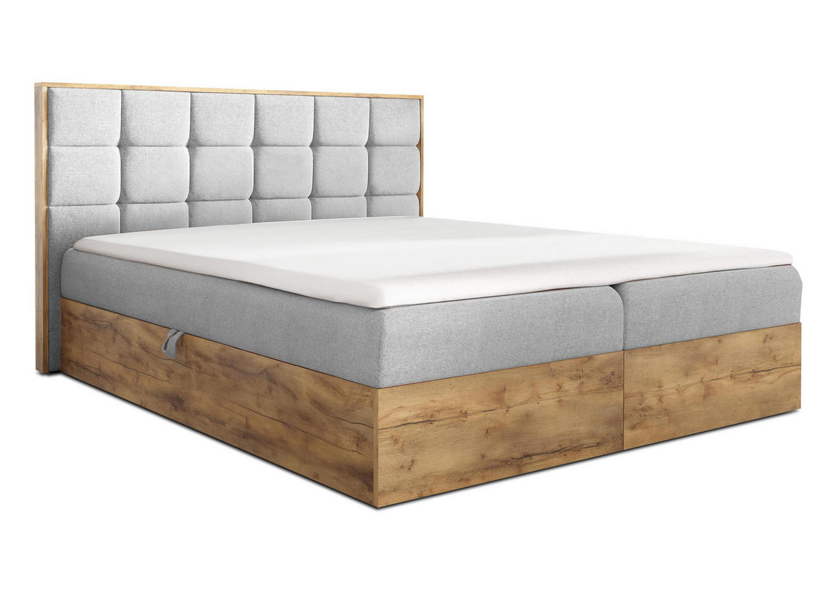 BOXBETT Vendio 140/200 cm in Hellgrau – mit Bettkasten und Topper - Hellgrau/Schwarz, Holz/Holzwerkstoff (140/200cm) - AX Living