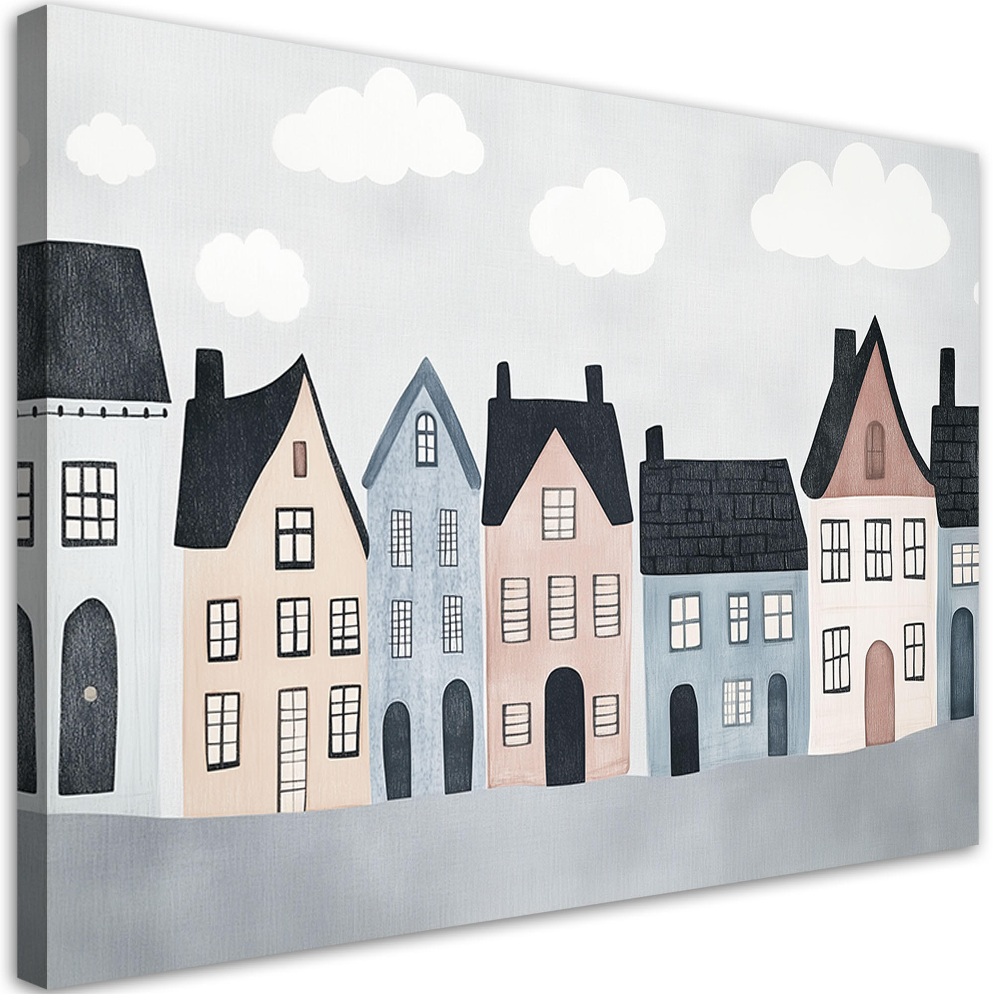 WANDBILD für kinderzimmer bunte häuser stadt - Grau, Textil (60/40cm) - Feeby