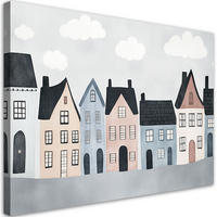 WANDBILD für kinderzimmer bunte häuser stadt - Grau, Textil (60/40cm) - Feeby