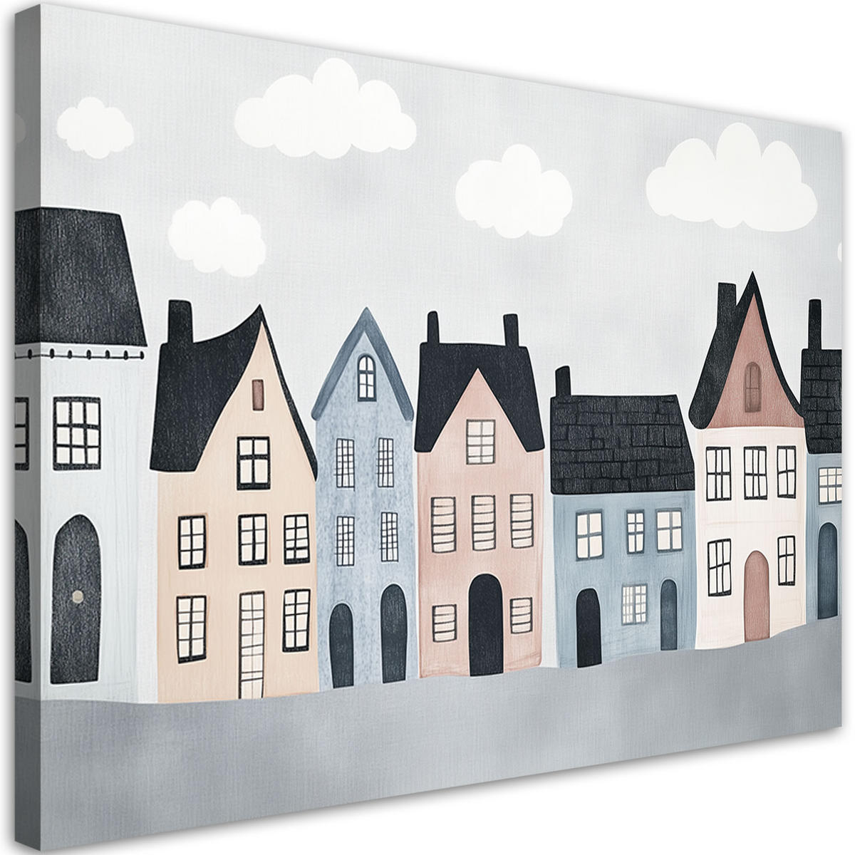WANDBILD für kinderzimmer bunte häuser stadt - Grau, Textil (60/40cm) - Feeby