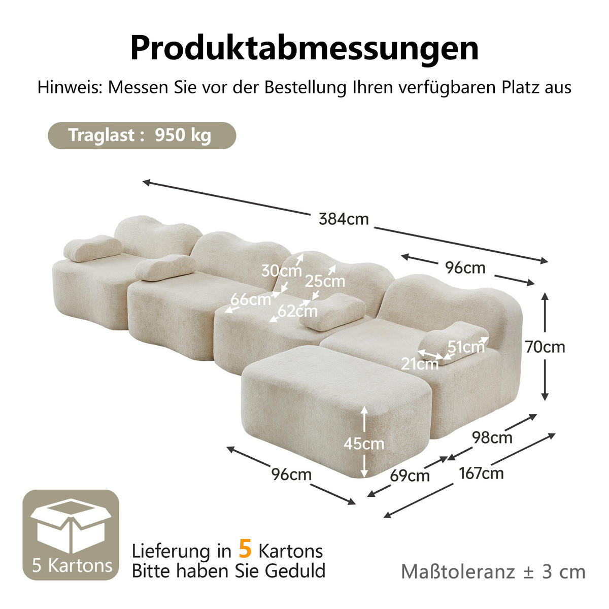 ECKSOFA DE-34348 Wellenform mit Ottoman Beige - Beige, Textil (167/384cm) - ComfortXL