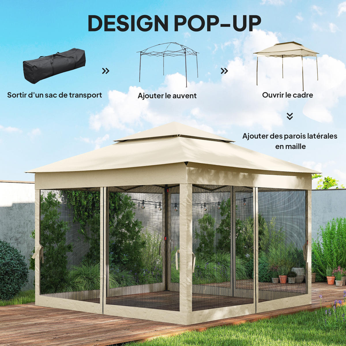 PAVILLON DE-13990 Pop-up 3/3 m, Doppeldach, Moskitonetze Creme - Creme, Textil (325/270/325cm) - ComfortXL