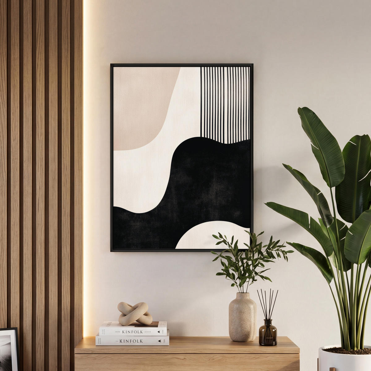 LEINWAND Bilder mit Rahmen - Abstrakt - Japandi - Beige - Modern - 60x80 - Schwarz, Textil (60/80cm) - MuchoWow